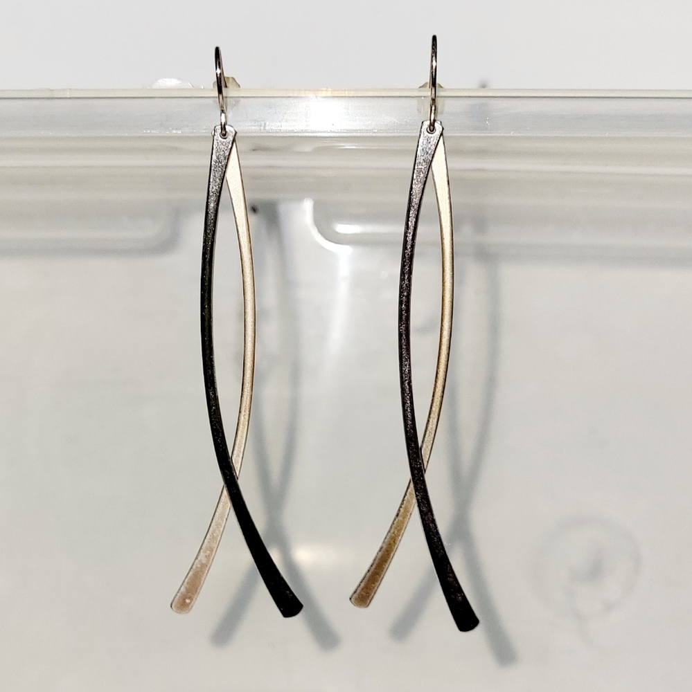 Long Earrings, Silver-tone Metal Dangle Matte & Gloss Streamlined Style